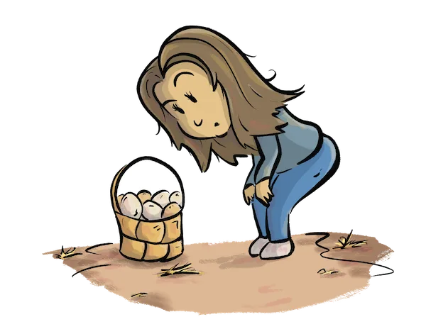 Illustration of Maddie looking at a basket of eggs, from Brown Eggs, White Eggs
