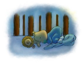 Baby sleeping in crib with lion illustration